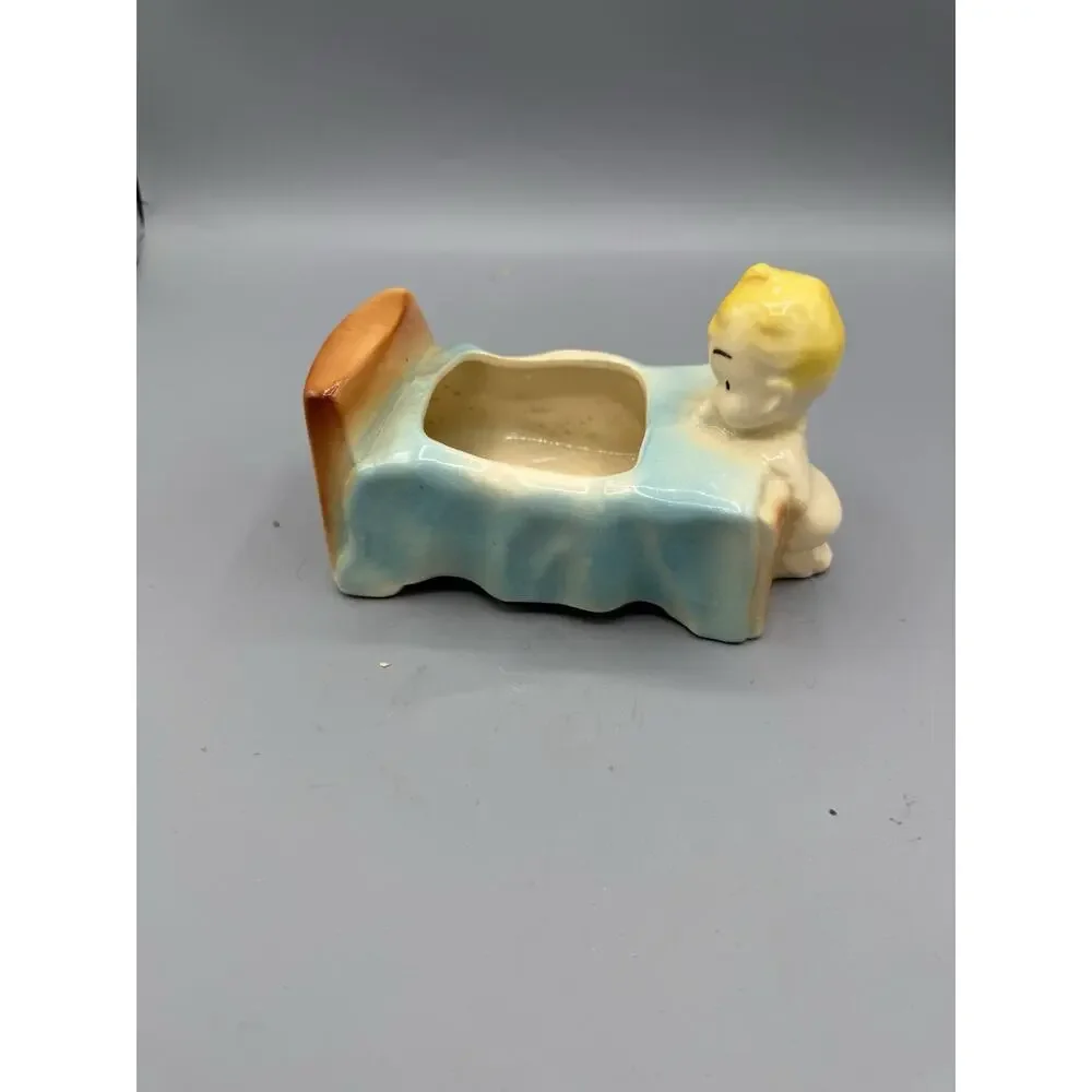 Vintage Praying Child Bed Planter Ceramic Nursery Blond Baby Blue Bed